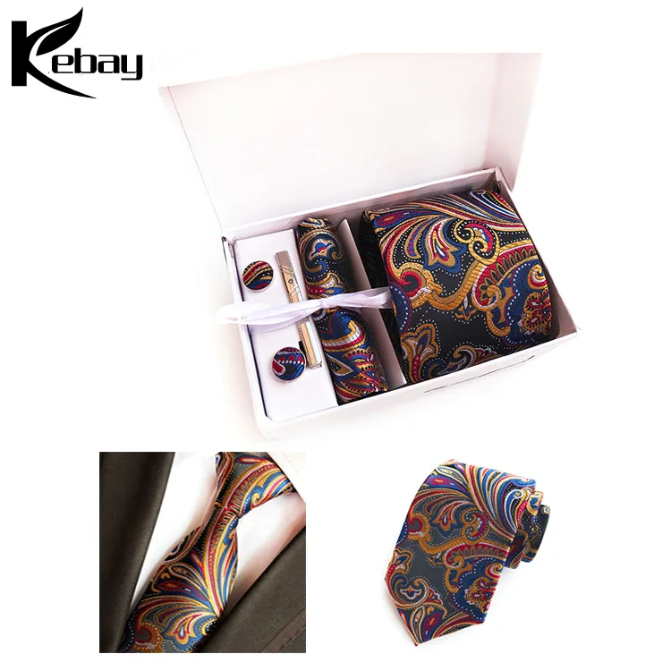 Wholesale Mens silk tie pocket square cufflinks tie clip gift set with gift box