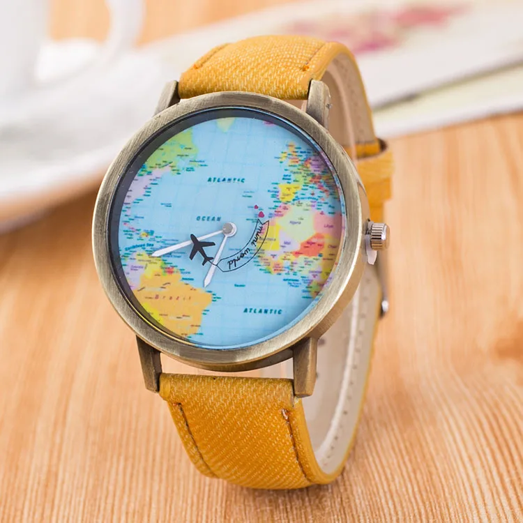 Flight Airplane Travel World Denim Strap Quartz Watches Women Dress Wristwatch Gifts Bronze World Map Watch