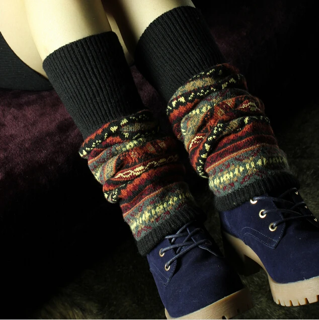 New Women Winter Stripes Leg Warmers Knee High Wool Aztec Knitted Leg Warmers