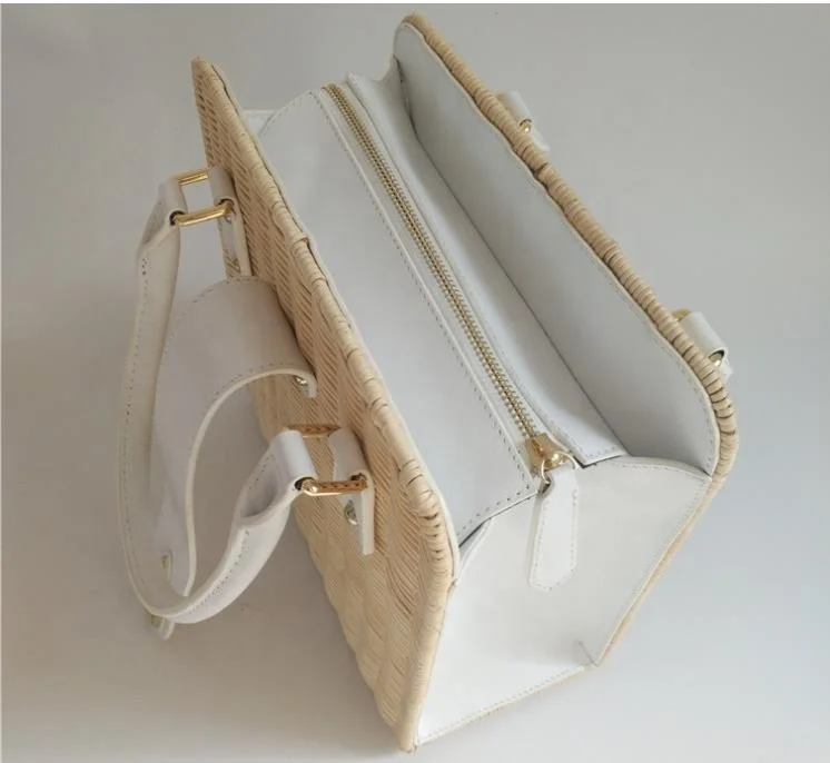 Factory outlet rattan and PU handle  woven straw small white lady hand bag