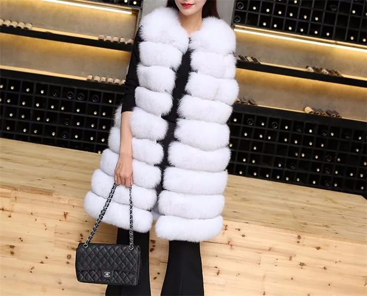Fashion Ladies Long Sleeveless Fox Fur Vest Waistcoats Women Faux Fur Hooded Vests Wholesale