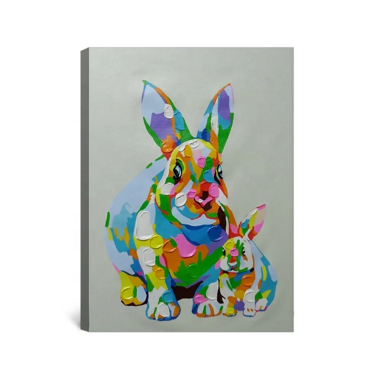 Chinese handmade wall art pop oil painting of lovely rabbits