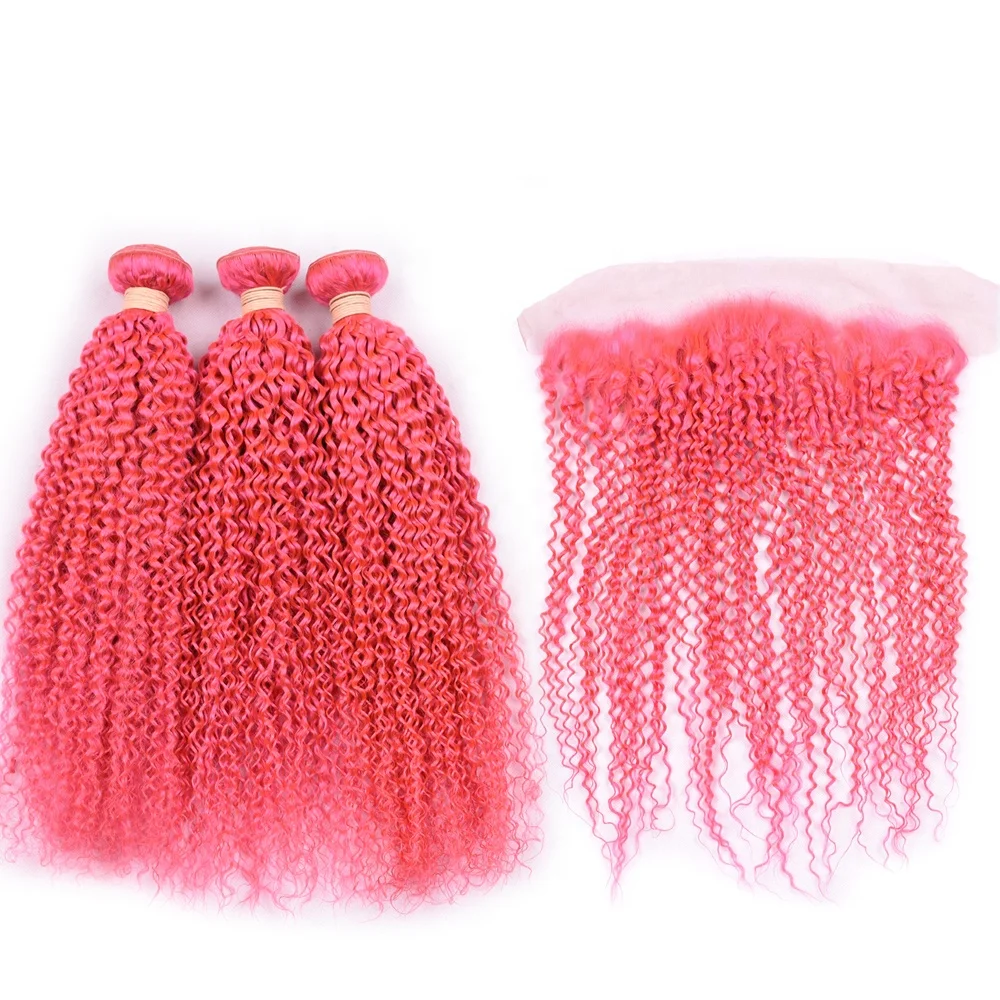 Wholesale 10a 100% peruvian kinky curly hair pink bundles with transparent swiss lace frontal