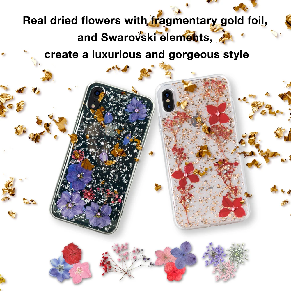 Luxury Bling Glitter Real Flower Cell Phone Mobile Cover Hard Phone Case for iPhone X/XS/XR/XS Max