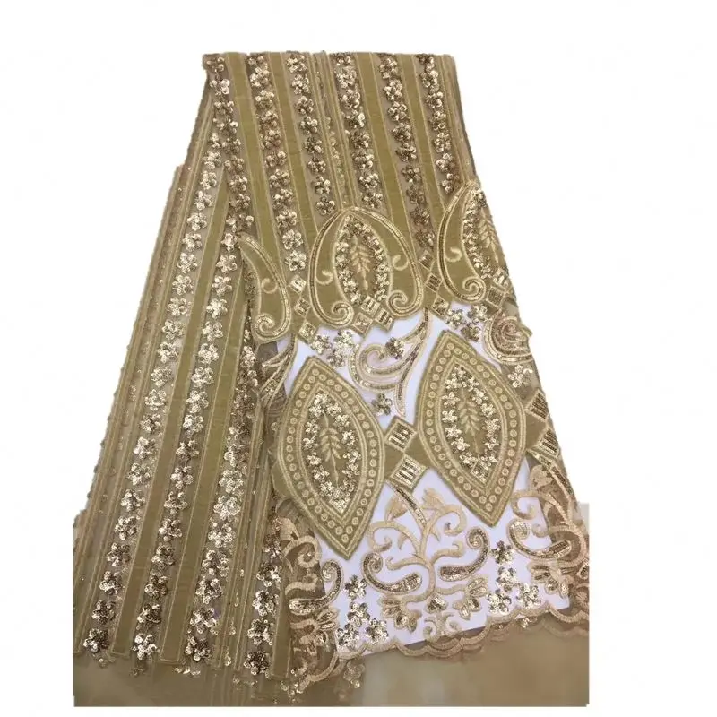 Оптовая продажа высококачественное Золотое кружево тюль сетчатая вышивка ткань с бусинами и блестками Африканское бархатное для африканской
