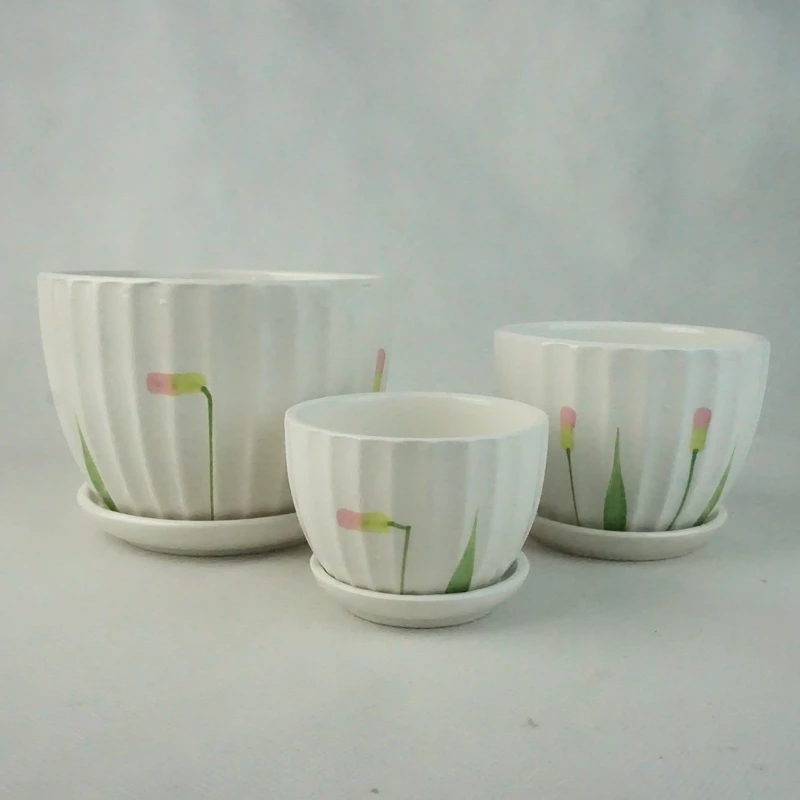 Set of 3 Small to Medium Sized Round Modern Ceramic Garden Flower Pots White Plant Pot Ceramic
