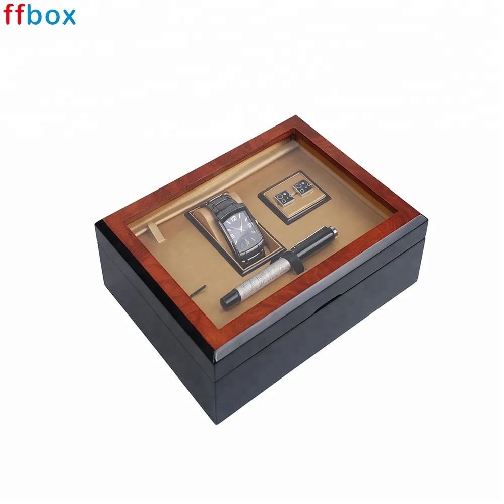Luxury New Design Glossy Lacquer Glass Top Lid Wooden Cufflink Case
