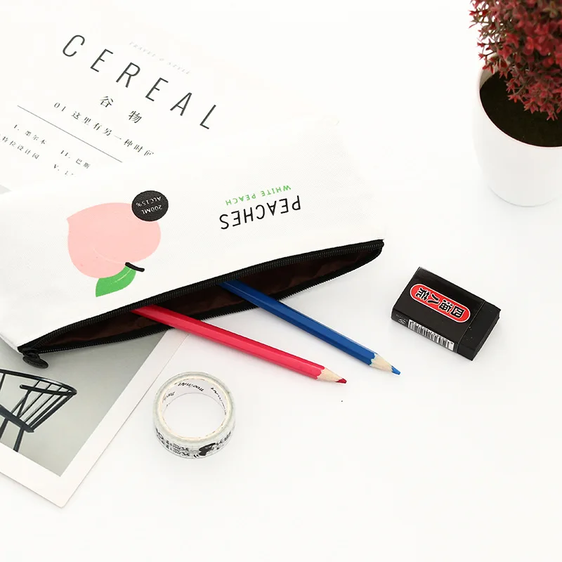 Korea stationery cute kawaii fruit peach style zipper lock canvas pencil case bag for school kids