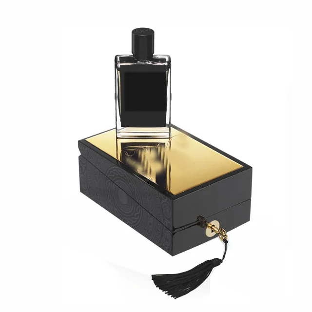 Piano black lacquer finish hot sale france perfume bottle box with metal plate