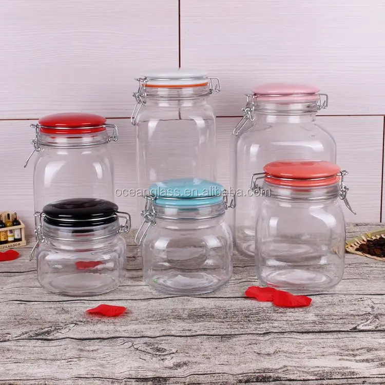 footed square glass jar fancy mason glass jar/mason honey jar with ceramic clamp lid