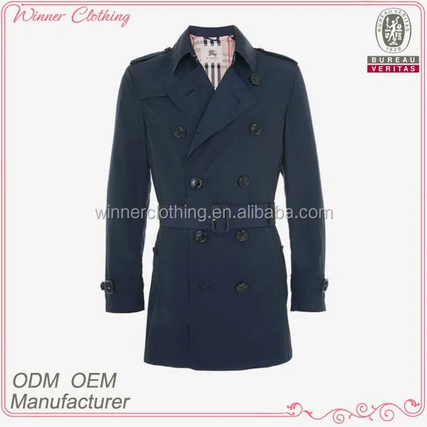 2014 fashion double breasted belted short navy blue trench coat men