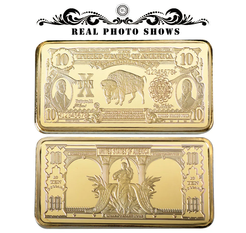 Wholesale Price Home Decorative Gold Art Crafts Usd 10 Bill 24k Pure Gold Bar Ornament