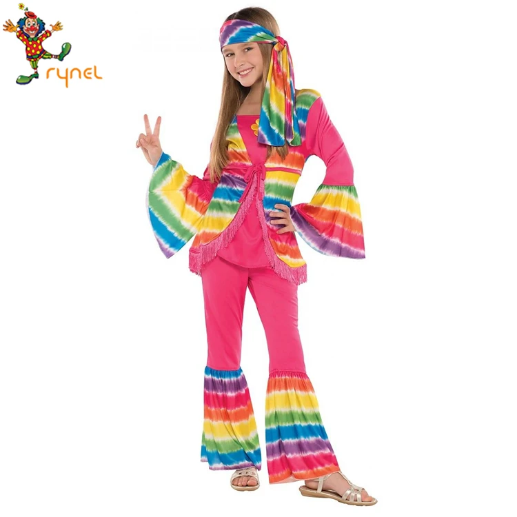 PGCC5625 Custom Rainbow Color Kids Girls Hippie Costume 60s 70s Halloween Party Fancy Dress Costume