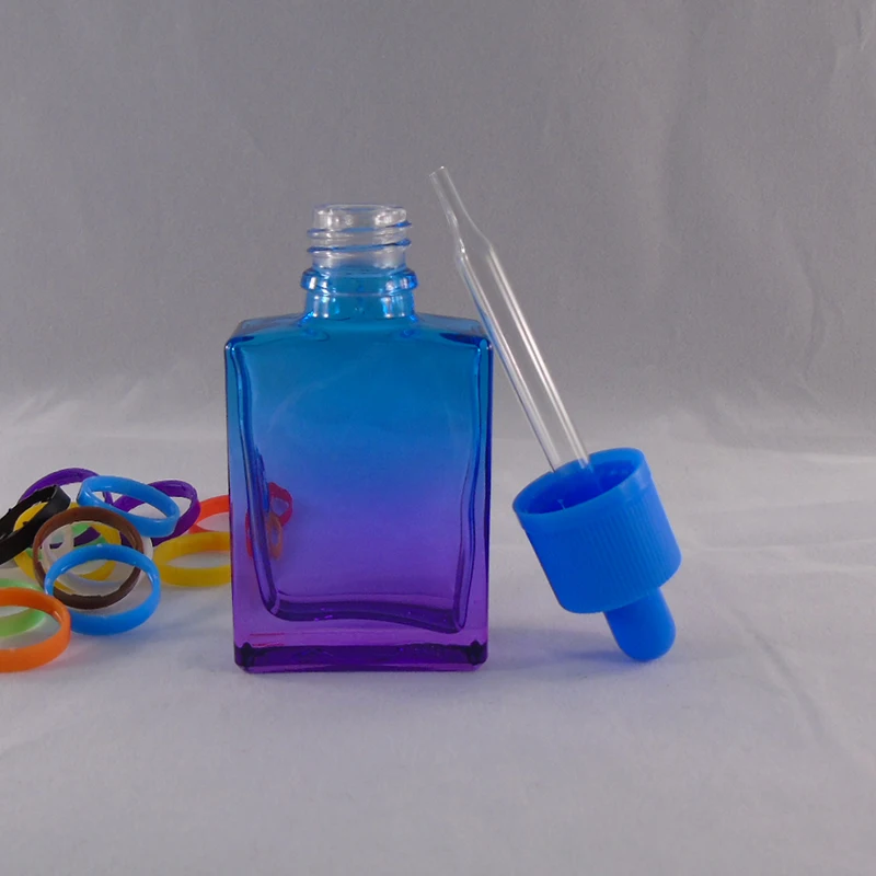 cosmetic oil 1 oz 30ml square rectangle shape blue & purple glass dropper beard oil bottle