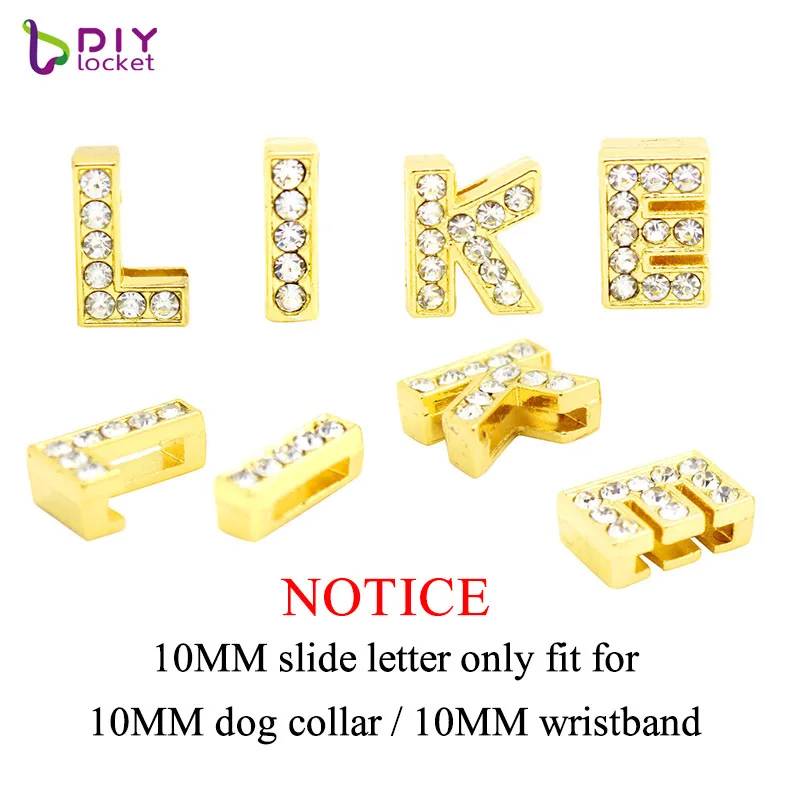 
Wholesale Rhinestone Gold Slide Letters For 10mm Leather Bracelet And Dog Collars,10 mm gold bling bling letter slider charms 