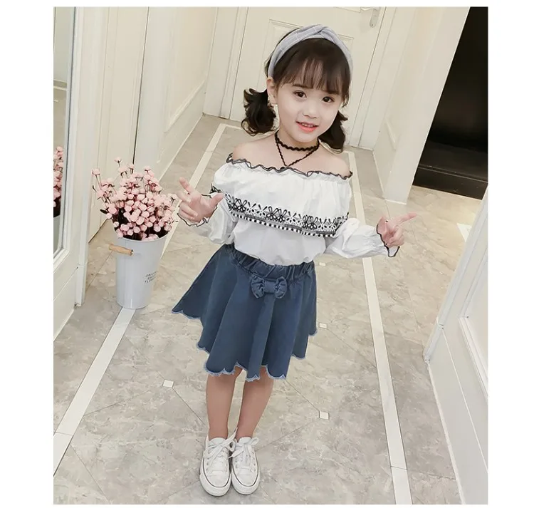 Hao Baby Girls Spring Shoulder Shirt Bust Bull-puncher Skirt Outfit Wholesale Children Clothing