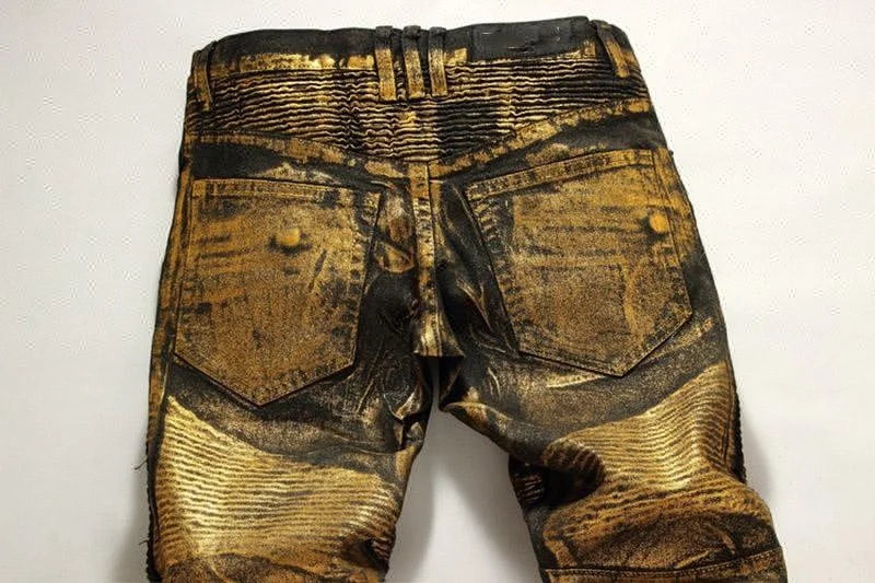 Royal wolf jeans manufacturer new fashion hot stamping metallic foiled golden coated biker denim men pants jeans