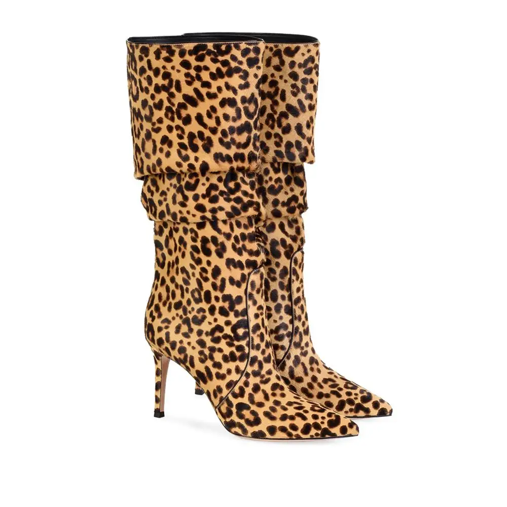 Sexy Womens High Heel Pointed toe Leopard Pony Hair Slouch Knee High Boots
