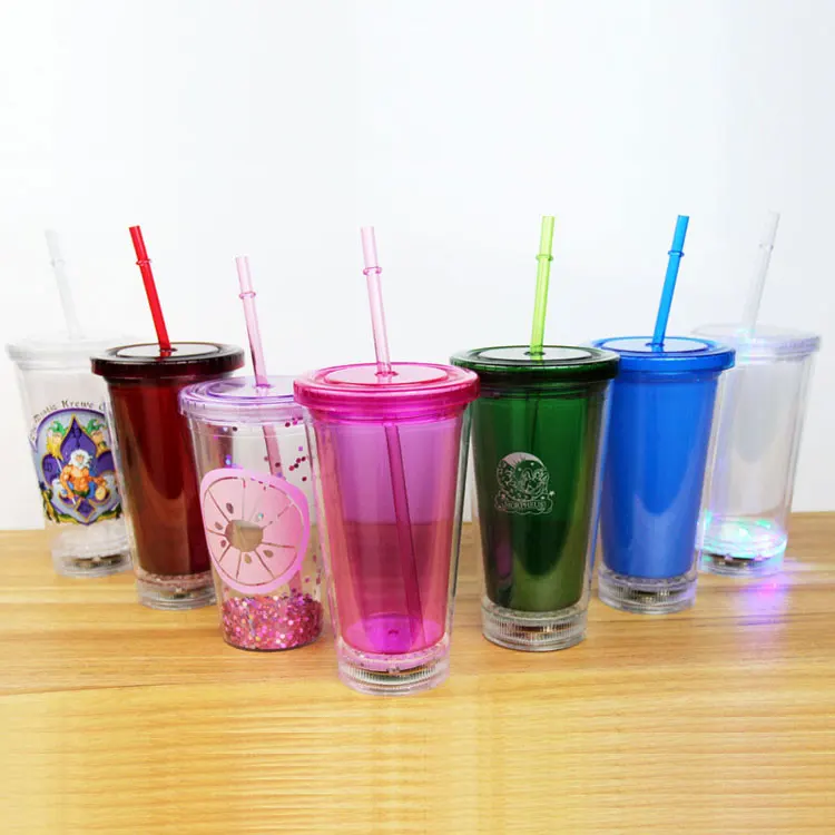 High Quality 16oz Led Light up Double Wall Plastic reusable cups with lids and straws led tumbler cups in bulk