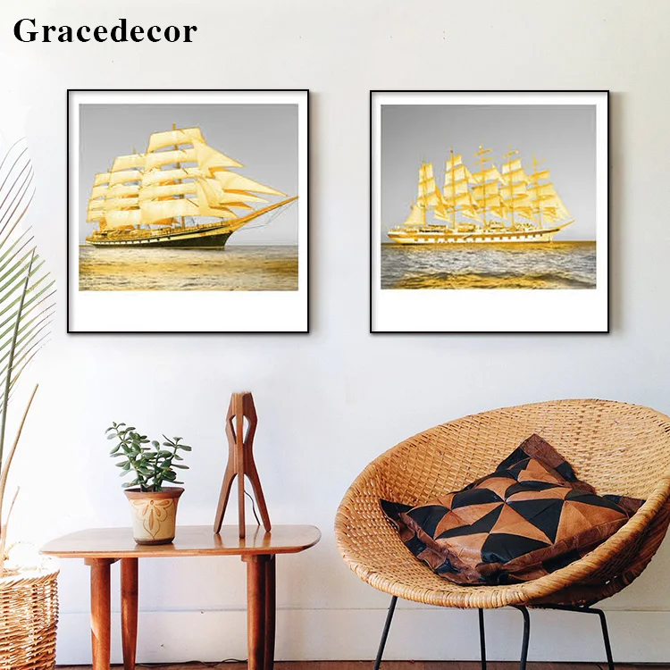 Gold Crystal Luxury Ship And Sea Painting Sail Ship Art Painting