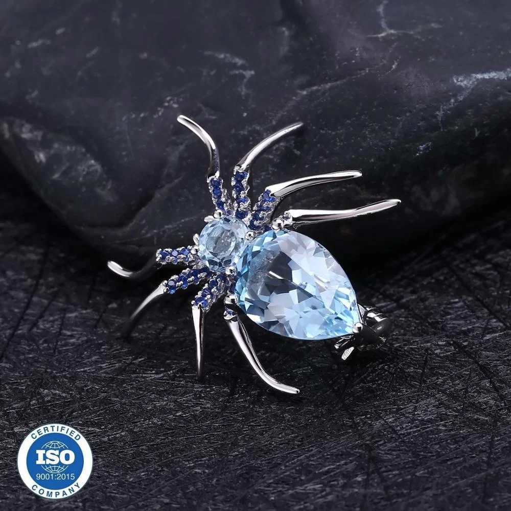 Abiding  Natural Sky Blue Topaz Spider Pendant Jewelry 925 Sterling Sliver Brooches For Women Dresses Brooch Vintage Pendant