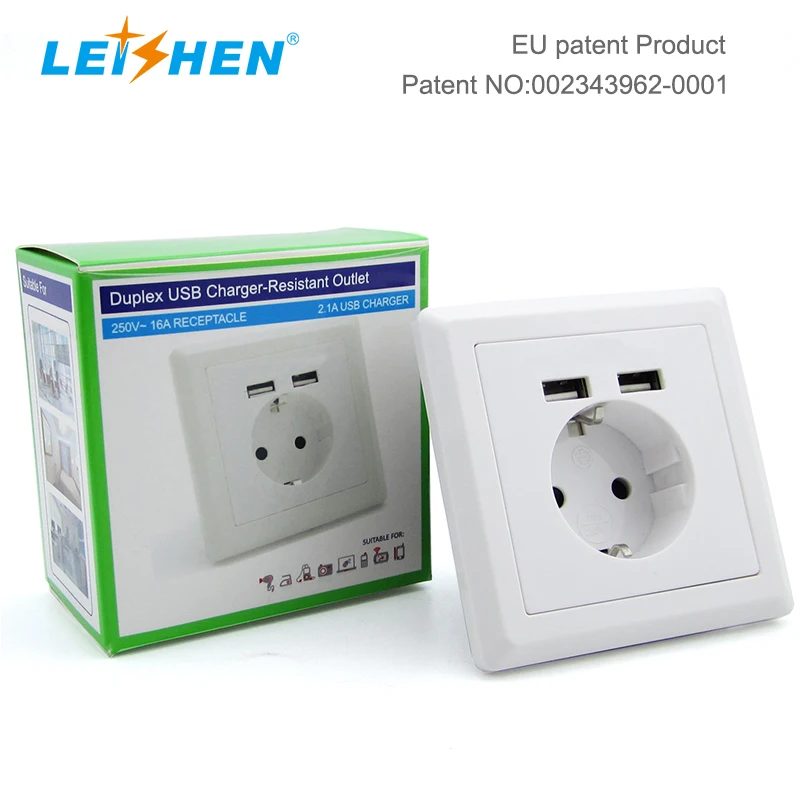 LEISHEN 16A Cheaper Price 86*86mm Electric Plug Dual USBA Schuko Wall Mount Socket For Germany France Italy Market
