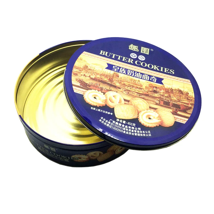 Offset Printing Big Round Biscuit Tin Packaging Box Tinplate Metal Cookie with Slip Lid
