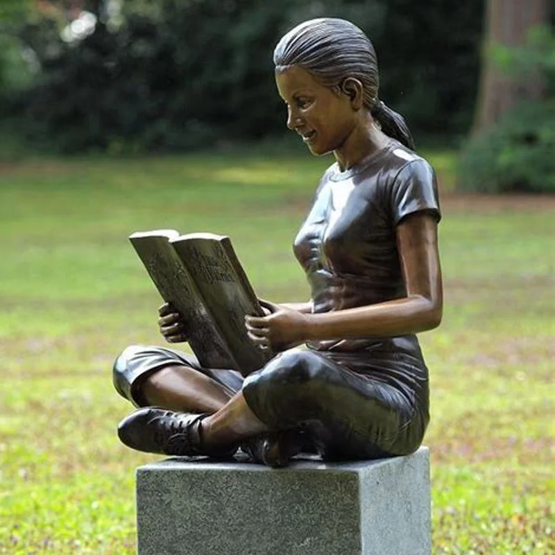 
popular design bronze children cute girl reading book statue for outdoor garden park ornament 