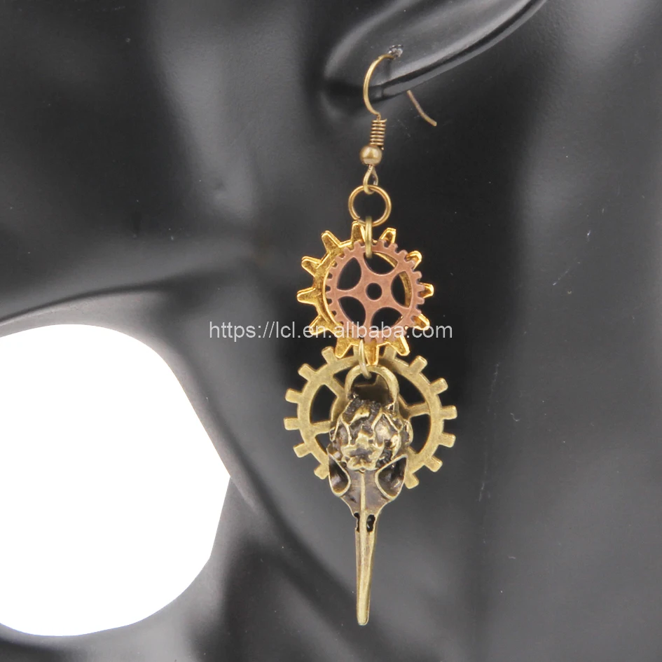 Creation Steampunk Gears Bronze Raven Bird Skull Metal Charms Earring Sets For Women