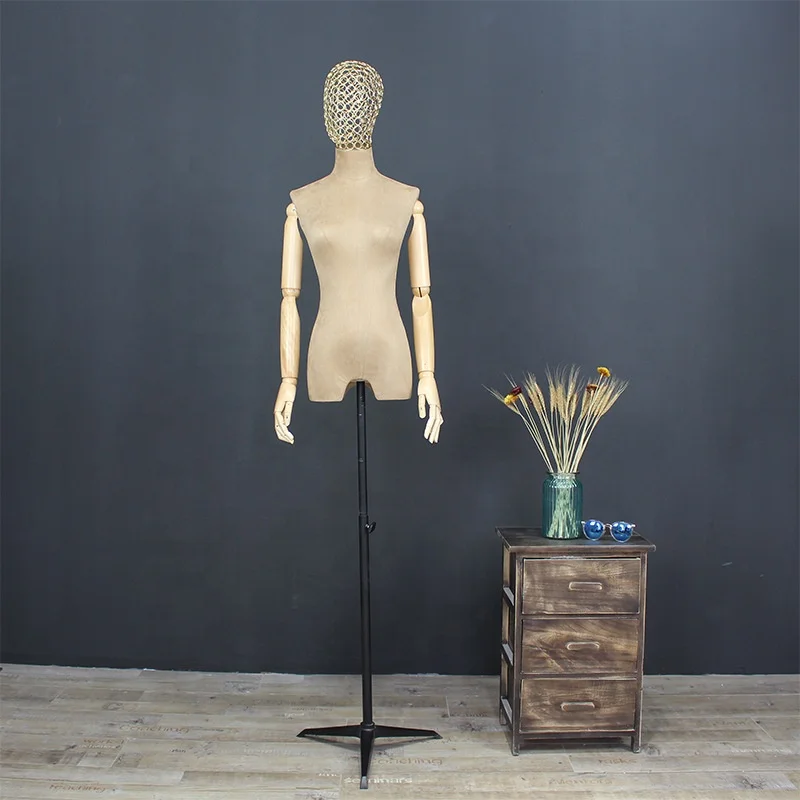 New Design Half Scale Fabric Linen Covered Female Dress Form Stand Mannequin With Iron Wire Head