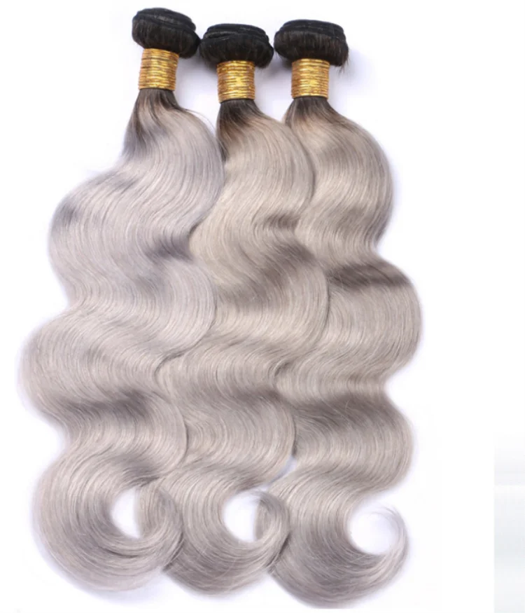 Wholesale Grey Brazilian Human Hair Weaving 1b Grey Ombre Remy Two Tone Hair Extension Grey Hair Top Closure