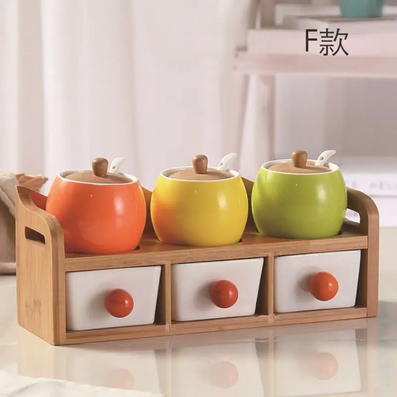  Кухонные аксессуары для приправ керамическая многокамерная банка специй с деревянной крышкой и подставкой