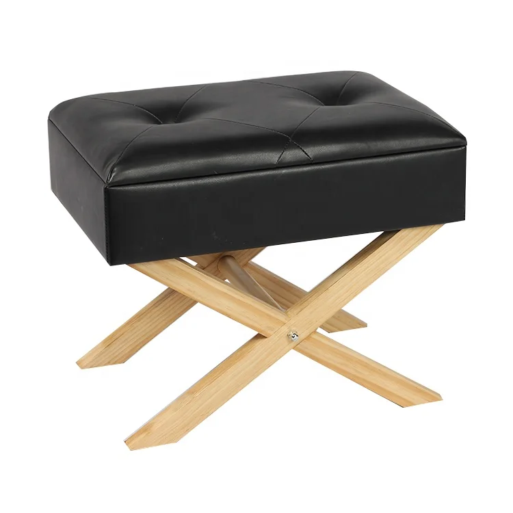 Fuzhou fytch wholesale faux leather padded footstool X leg storage foot stool ottoman with removable lid