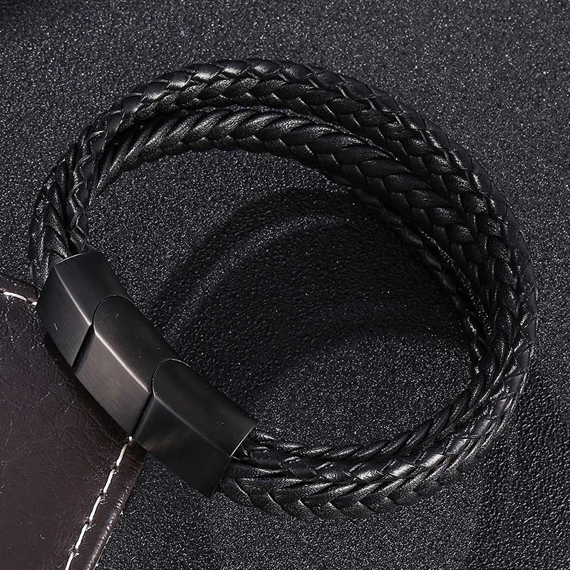 Fashionable Jewelry Multi Layer Leather Braided Bracelet Stainless Steel Black Magnet With Genuine Leather Bracelet Men