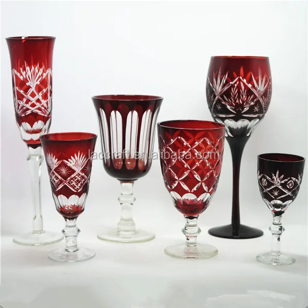 Bohemian Czech Bronze Red Overlay Hand Cut Glass Wine Goblet Stemware