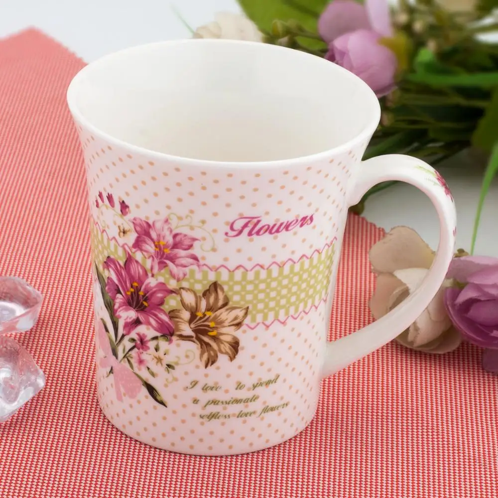 Wholesale bulk cheap 11 oz flower decal print coffee cup milk coffee ceramic mugs set custom logo