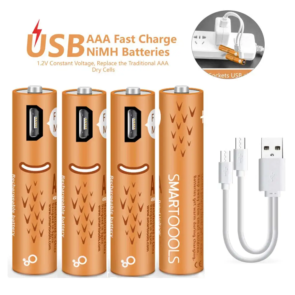 Logo Brand Customize Micro USB Port Rechargeable AA AAA Batteries 1.2V 1.5V 2/4/6/10 Pack Reusable Ni-Mh Battery Cheap Cost