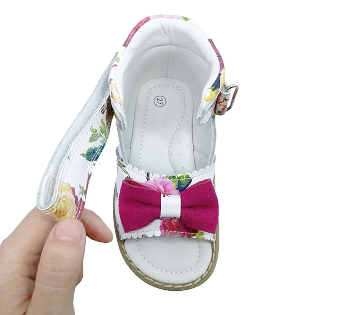Baby Girls OEM Turkey Printing Flower Fashion Kids Toddlers Orthopedic Summer Cute Stylish Luxury Leather Sandals with Bow Knot