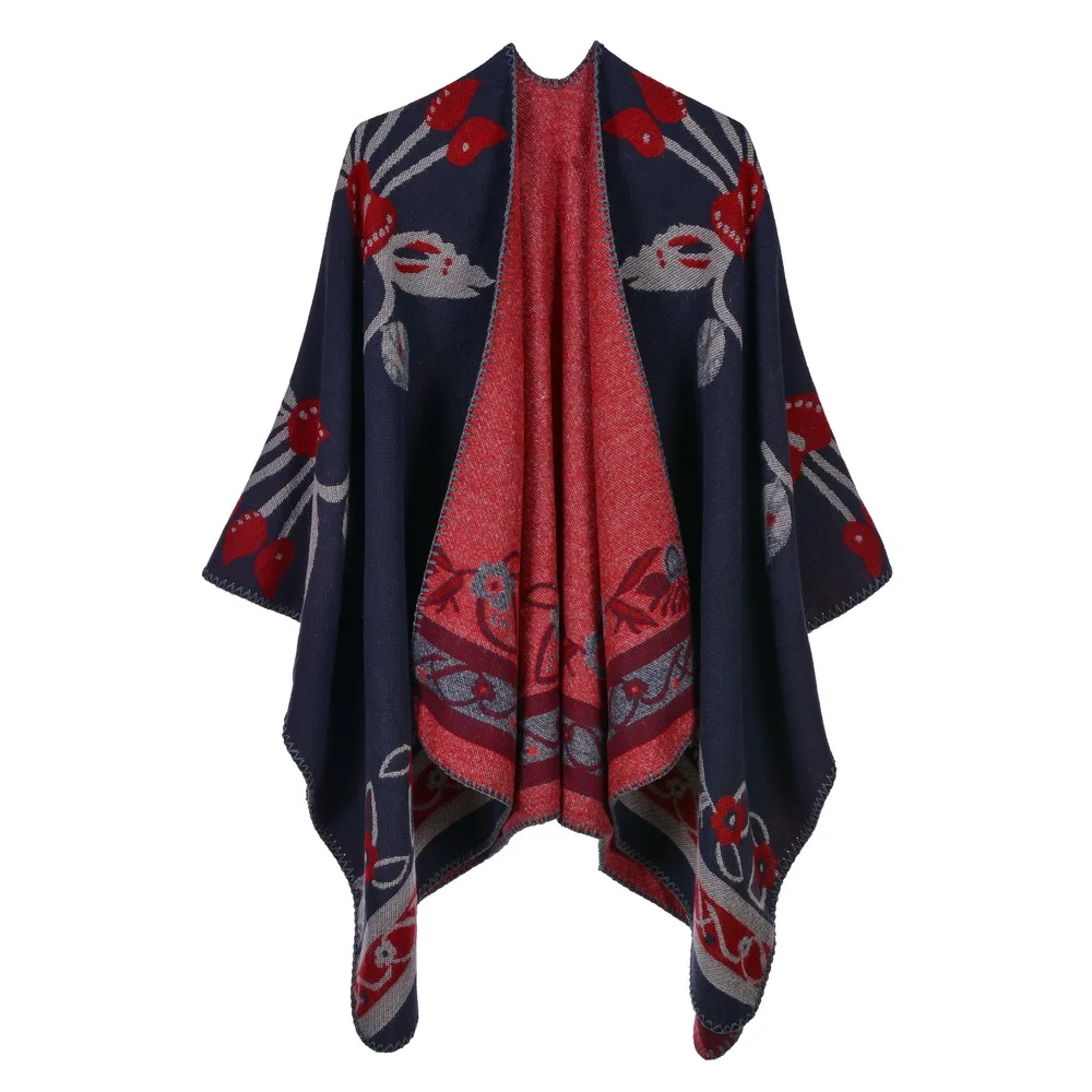 Wholesale 2020 new arrival custom acrylic ponchos cape women stylish red floral knitted oversized loop mexican poncho