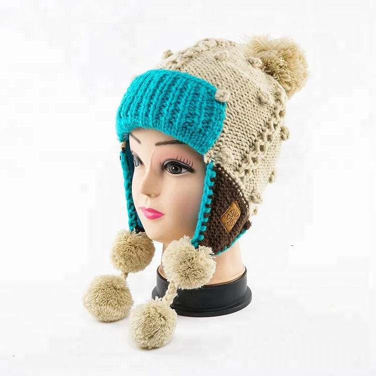 Children Soft Warm Knitted Ear Flap Pompom Beanie Hats For Winter Fall Spring