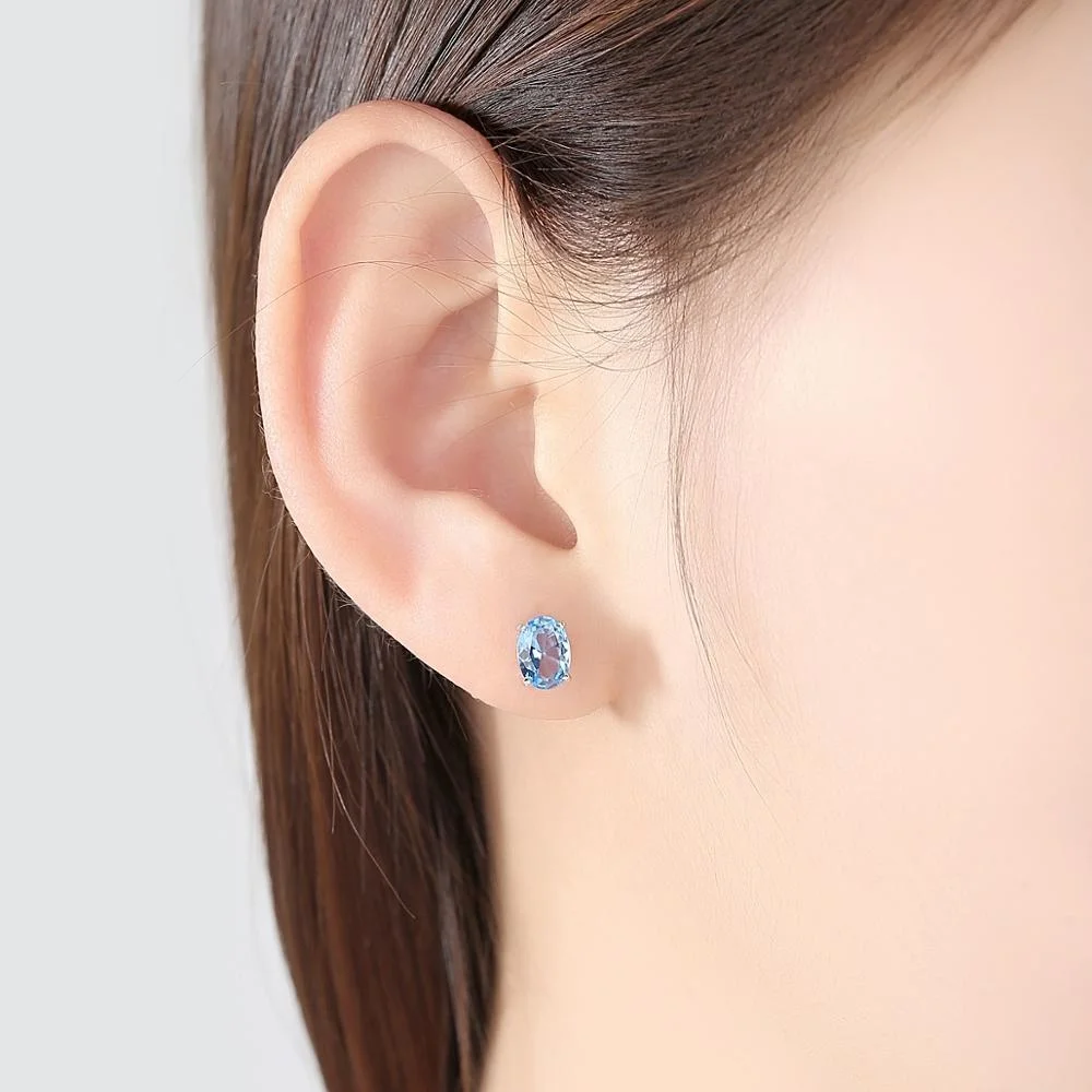 CZCITY Real 925 Sterling Silver Sky Blue Color Topaz Earrings Oval Shape Studs for Ladies Elegant Gemstone Jewelry