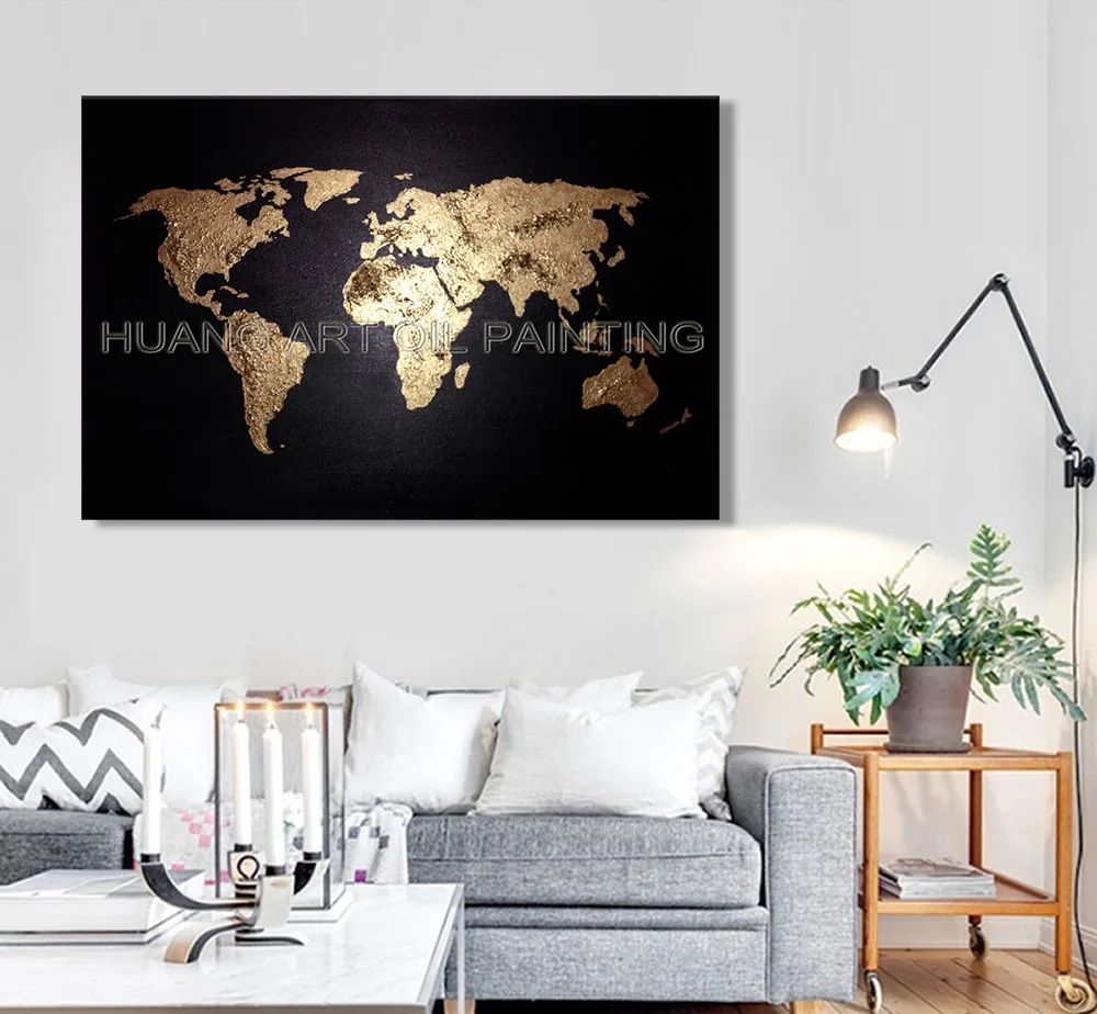 Hand-painted High Quality Modern Golden Abstract World Map Landscape Oil Painting on Canvas Wall Oil Painting for Living Room