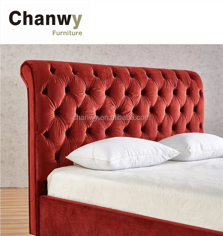 Luxurious Red Colour Velvet Fabric Bed with High Headboard