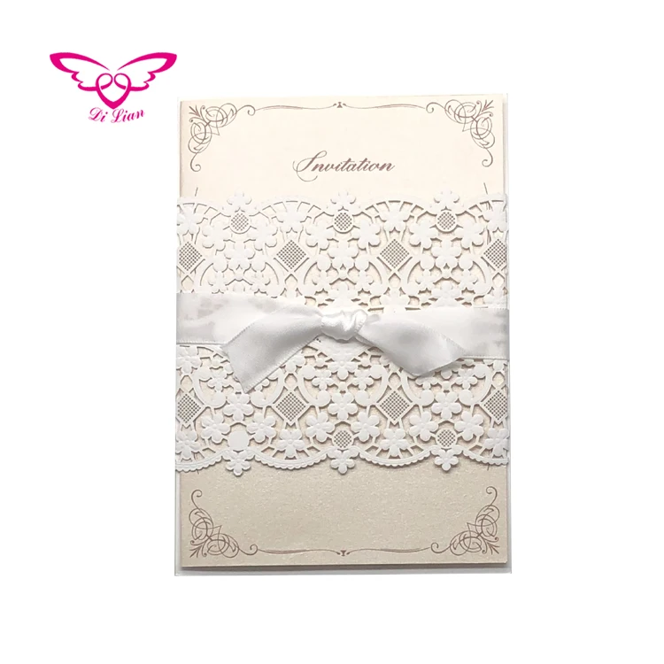 Laser Cut And Embossing Flower Belly Band  Invitation  Card  Gold Ribbon Bow Wedding Invitations