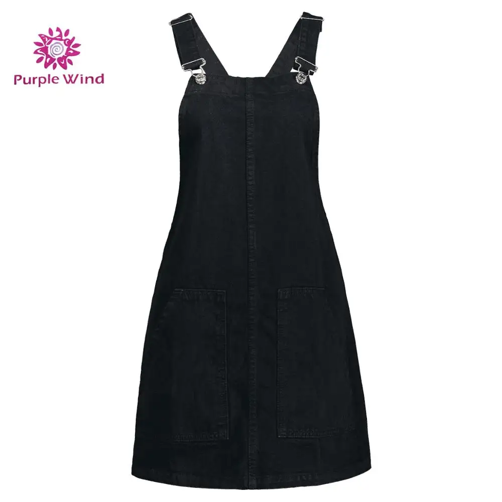 2019 Fashion pockets pinafore dungaree black denim sleeveless dress women