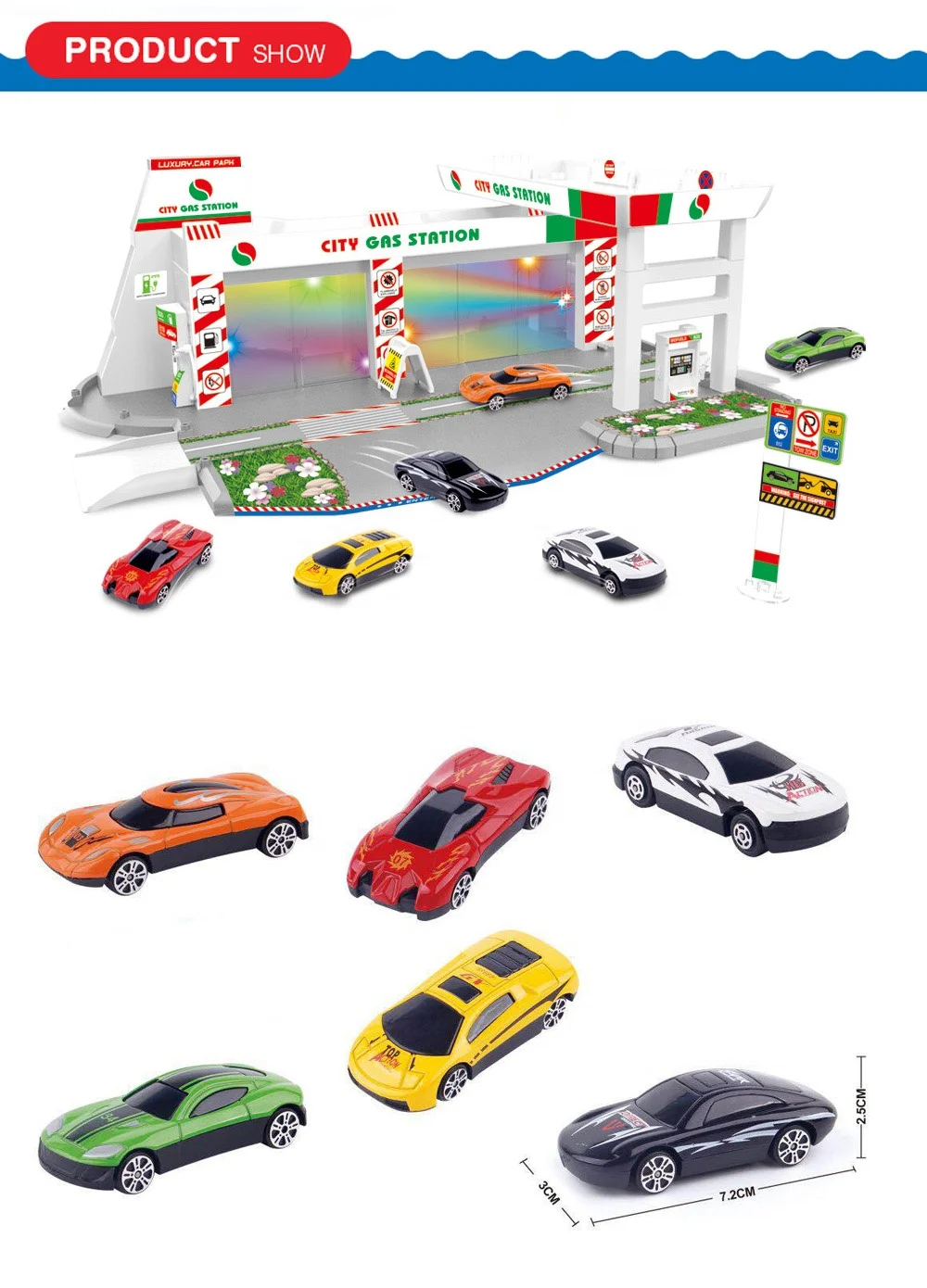DIY assemble Petrol station set parking garage toy with 6pcs alloy cars.