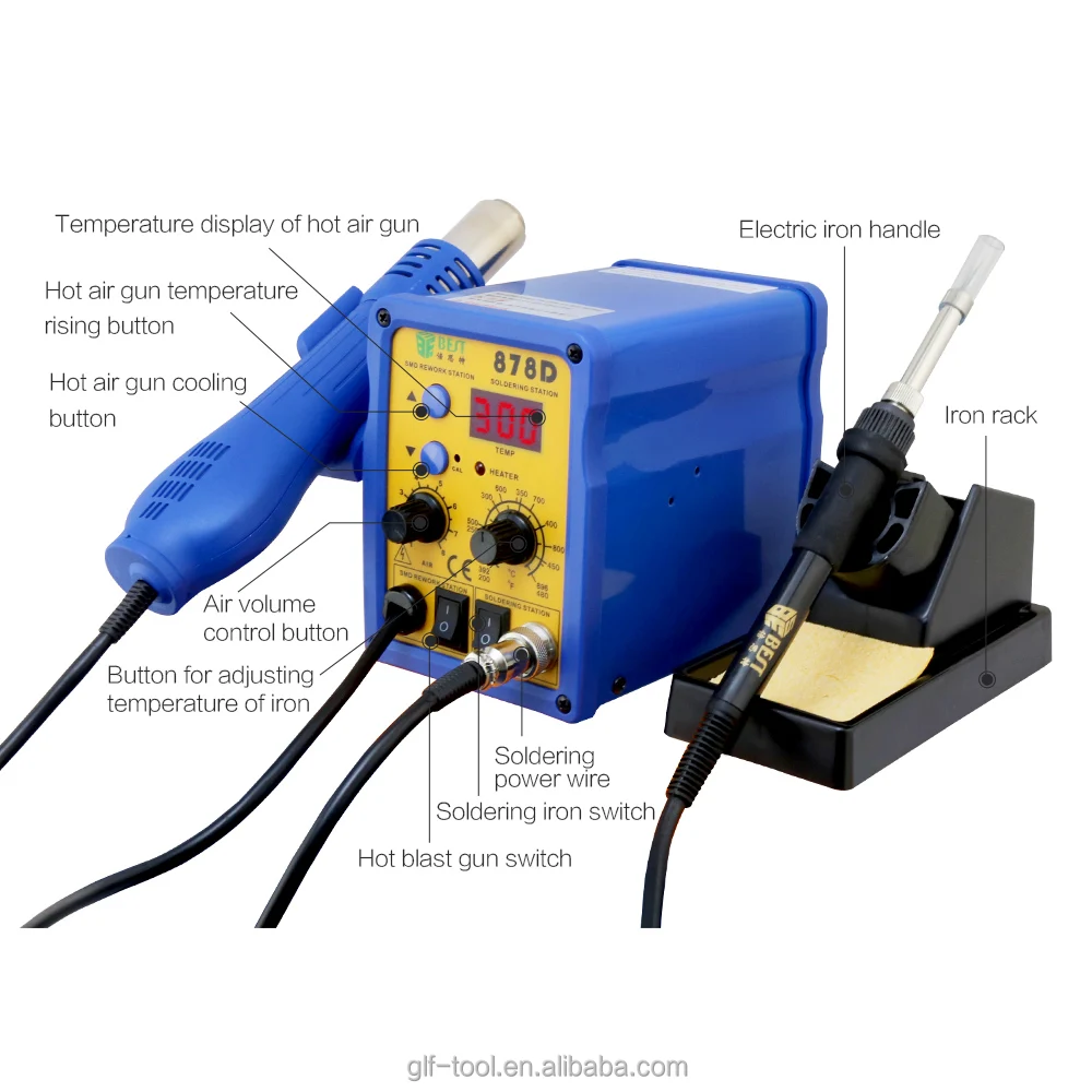 BEST-878D светодиодный дисплей Термовоздушная паяльная пистолет с тремя насадками