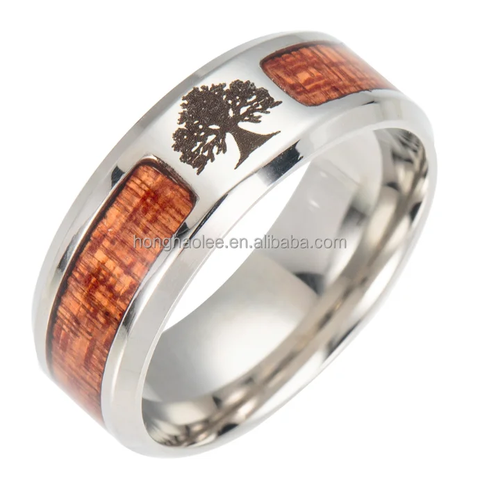 Titanium steel Inlaid koa ring with tree cross stainless steel jewelry