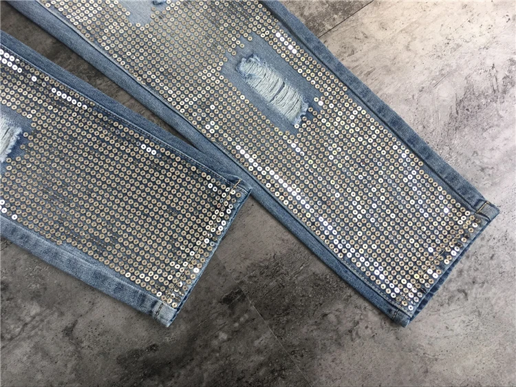 High Quality Washed Holes Jeans Embroidered Beads womens jeans