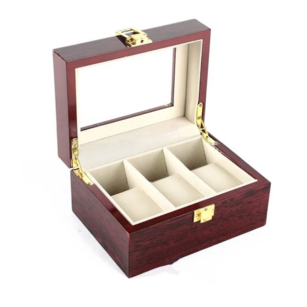 Hot Selling 3 Slots Glossy Mahogany Lacquer Solid Wood Watch Bracelet Packaging Storage Box With Glass Lid